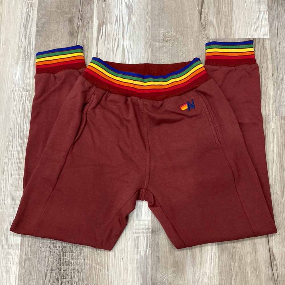Aviator Nation Maroon Track Pants with Rainbow Trim